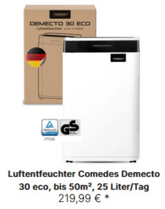 Comedes Demecto 30 eco Luftentfeuchter in Weiß mit digitalem Bedienfeld und 6,5-Liter-Wassertank für Wohnräume, Keller und Bautrocknung.