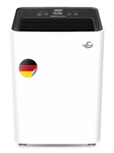 Comedes Demecto 10 eco Luftentfeuchter in Weiß und Schwarz für Wohn- und Schlafräume bis 20 m² mit leisem Betrieb und 10 Liter Entfeuchtungsleistung pro Tag.