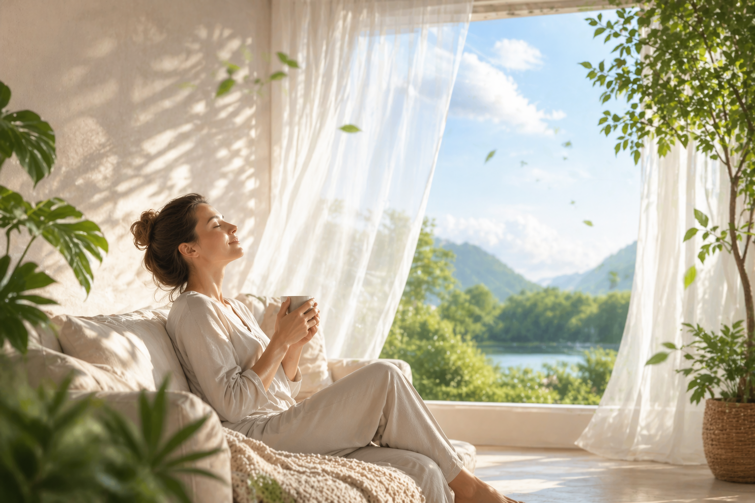 Frau am Fenster die zufrieden durchatmet