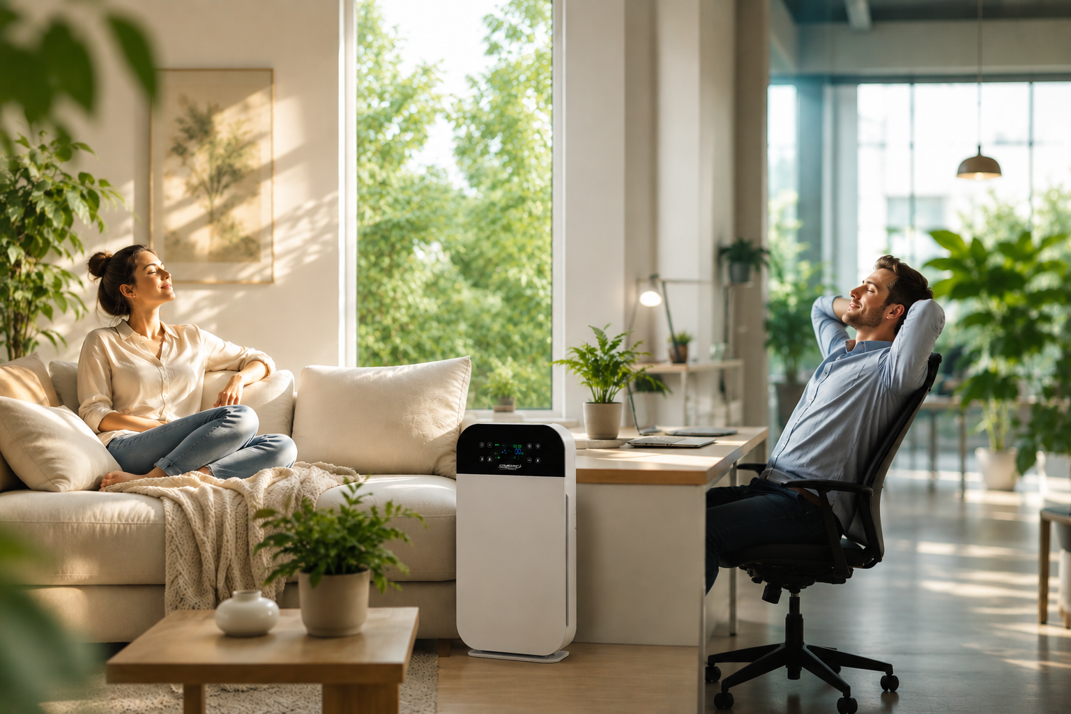 Moderner Luftreiniger verbessert die Raumluft im Wohnzimmer und Homeoffice