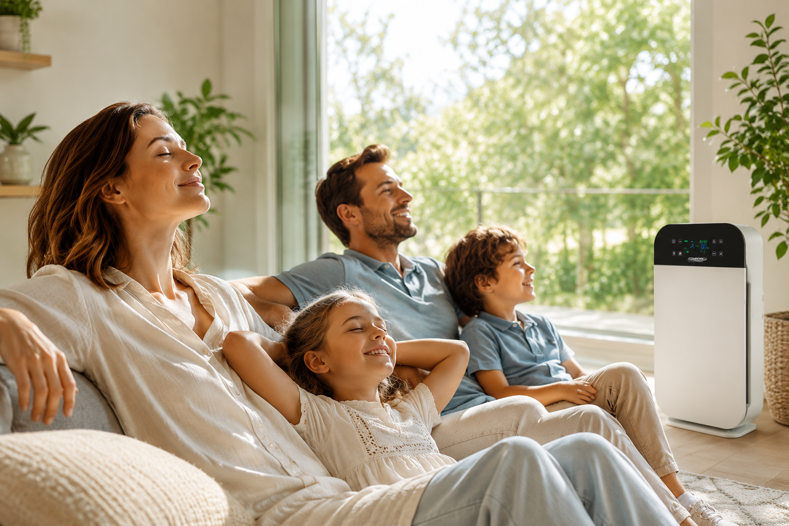 Familie entspannt sich in einem hellen Wohnzimmer mit modernem Luftreiniger und genießt pollenfreie, frische Raumluft.