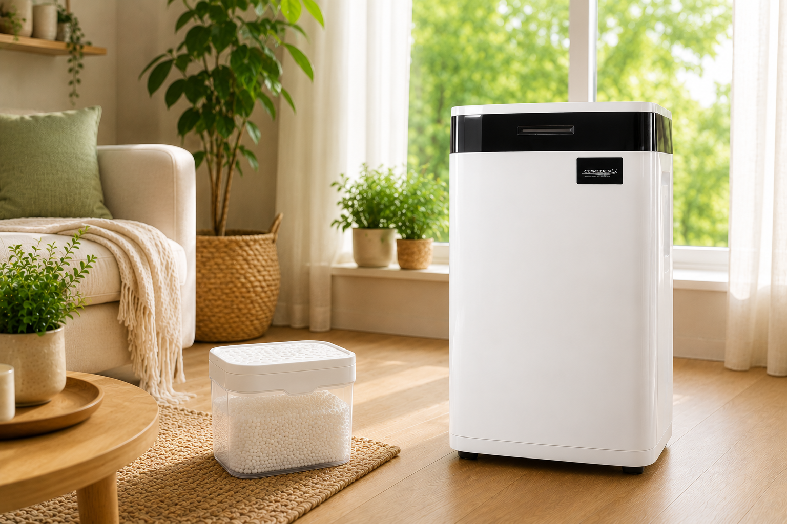 Moderner elektrischer Luftentfeuchter und Granulat-Entfeuchter in einem hellen, gemütlichen Wohnzimmer mit natürlichem Tageslicht.