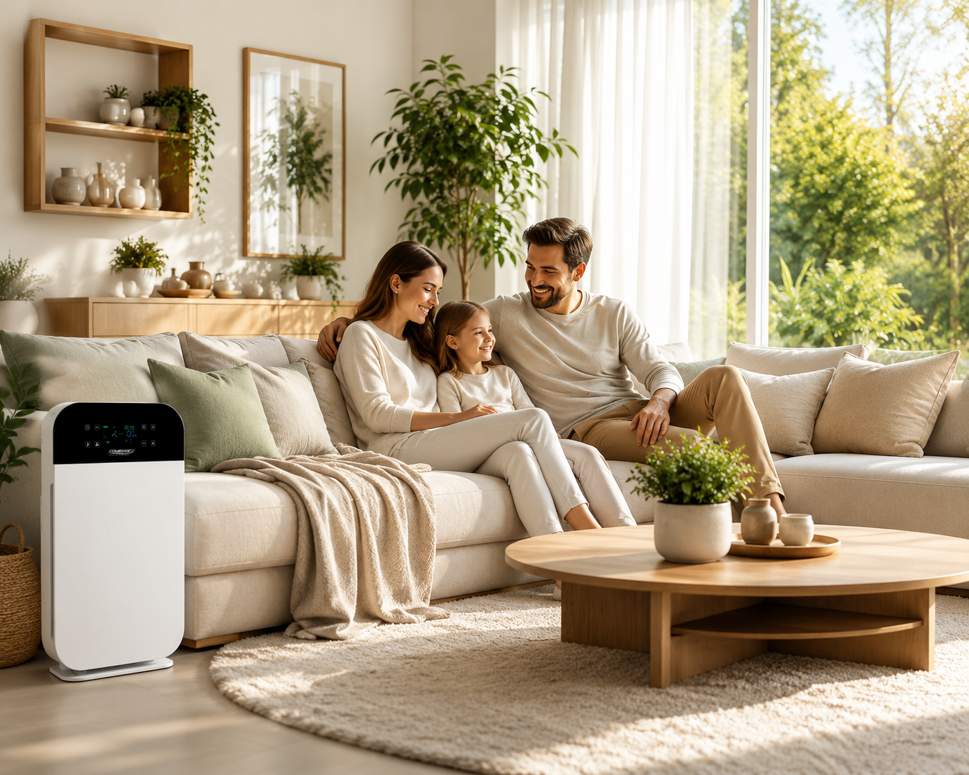 Moderner Comedes Luftreiniger in einem hellen Wohnzimmer neben einer entspannten Familie auf einem Sofa.