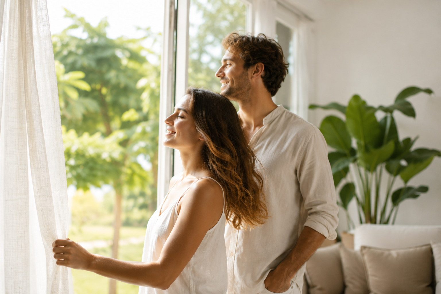 Ein entspanntes Paar steht in einem hellen, sommerlich beleuchteten Wohnraum am geöffneten Fenster und genießt frische Luft sowie eine angenehme Atmosphäre voller Wohlbefinden.