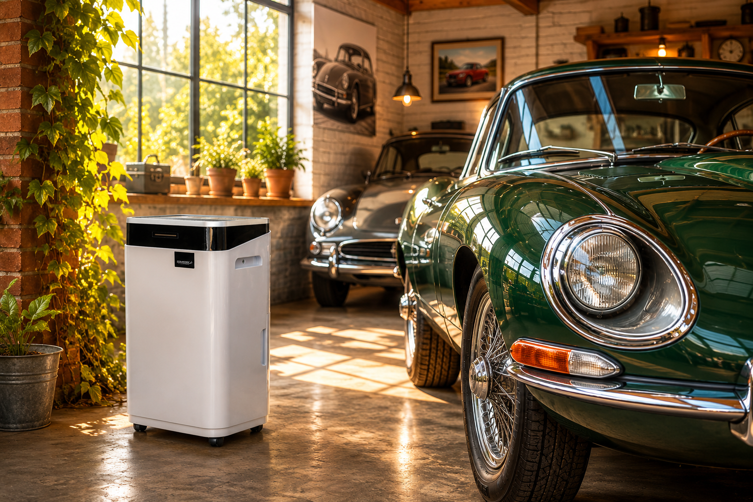 Moderner Luftentfeuchter in einer hellen Oldtimer-Garage neben einem grünen klassischen Sportwagen und weiteren Vintage-Fahrzeugen im warmen Sonnenlicht.