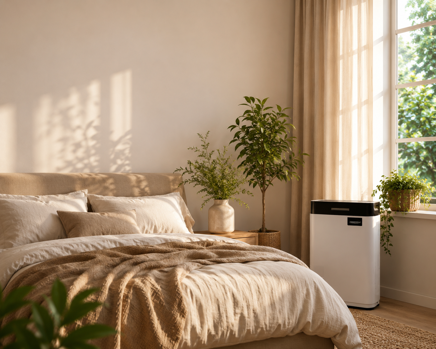 Helles, gemütliches Schlafzimmer mit beigeweißer Bettwäsche, Pflanzen und einem modernen Comedes Luftentfeuchter neben dem Fenster im warmen Sonnenlicht.
