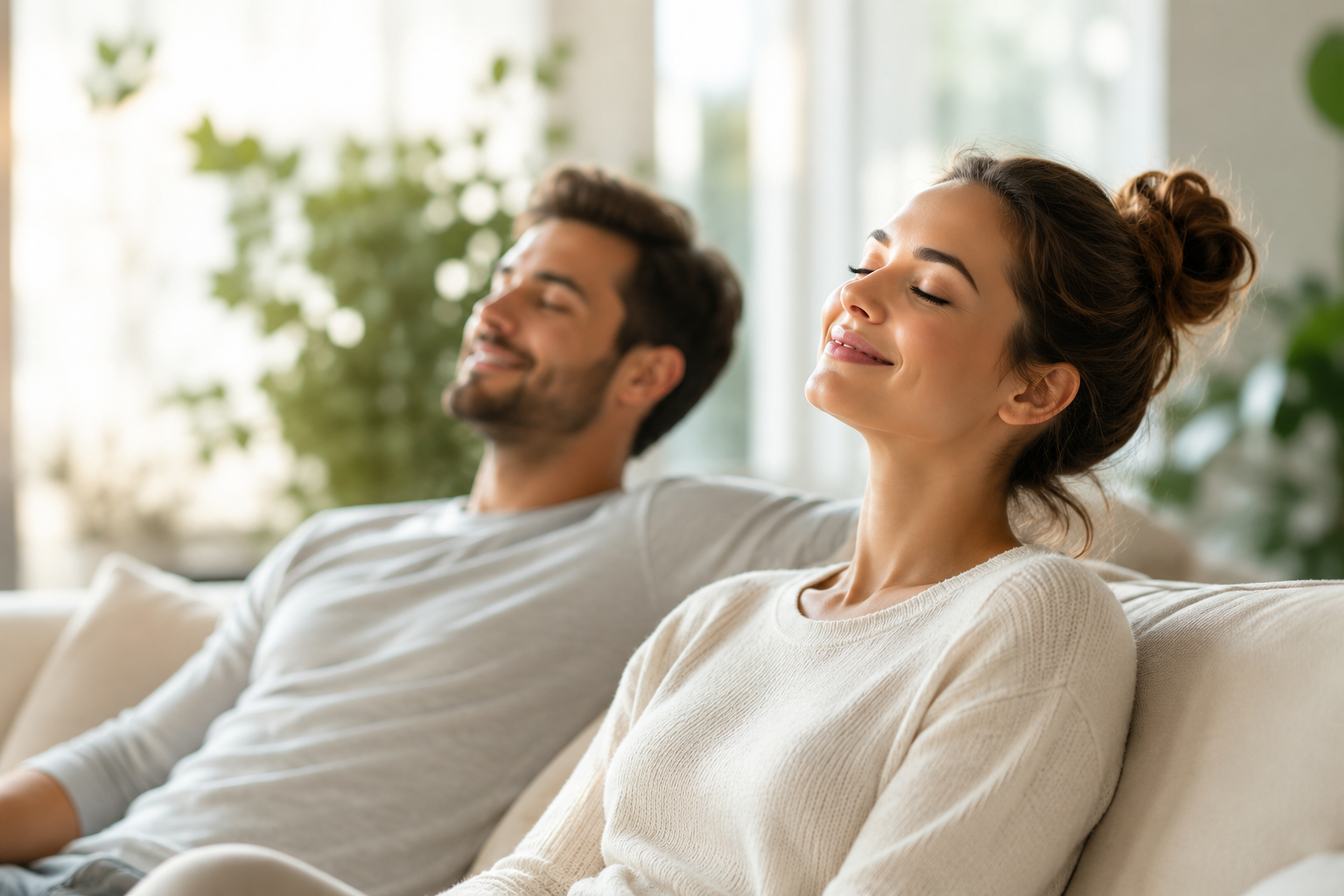 Zwei entspannte und zufrieden lächelnde Personen genießen die ruhige Atmosphäre in einem hellen, freundlichen Wohnraum mit natürlichem Tageslicht.