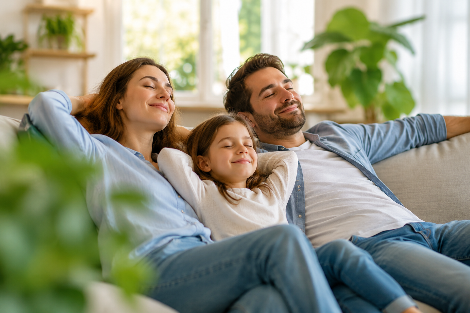 Glückliche Familie in einem hellen Wohnraum mit sauberer Luft und Pflanzen – Symbolbild für reduzierte Feinstaubbelastung und verbesserte Raumluftqualität durch Luftreinigung.