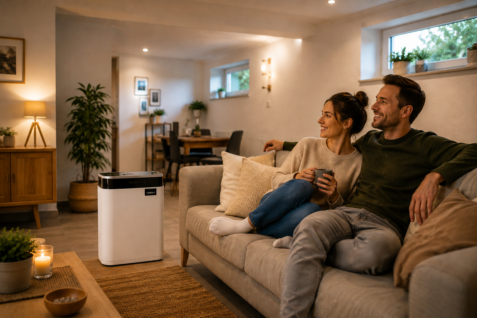 Paar sitzt entspannt auf einem Sofa in einer hellen Souterrainwohnung, während ein Comedes Luftentfeuchter auf dem Boden für ein angenehmes und trockenes Raumklima sorgt.