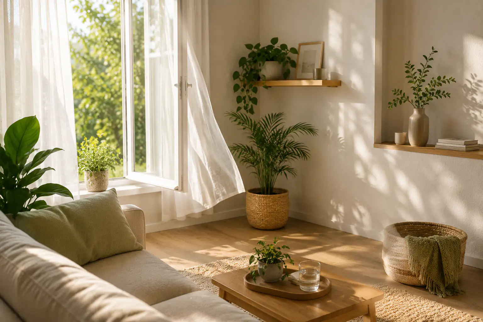 Heller, freundlicher Wohnraum mit geöffnetem Fenster, viel Tageslicht und Pflanzen als Symbol für ein gesundes Raumklima und die Vorbeugung von Schimmel.