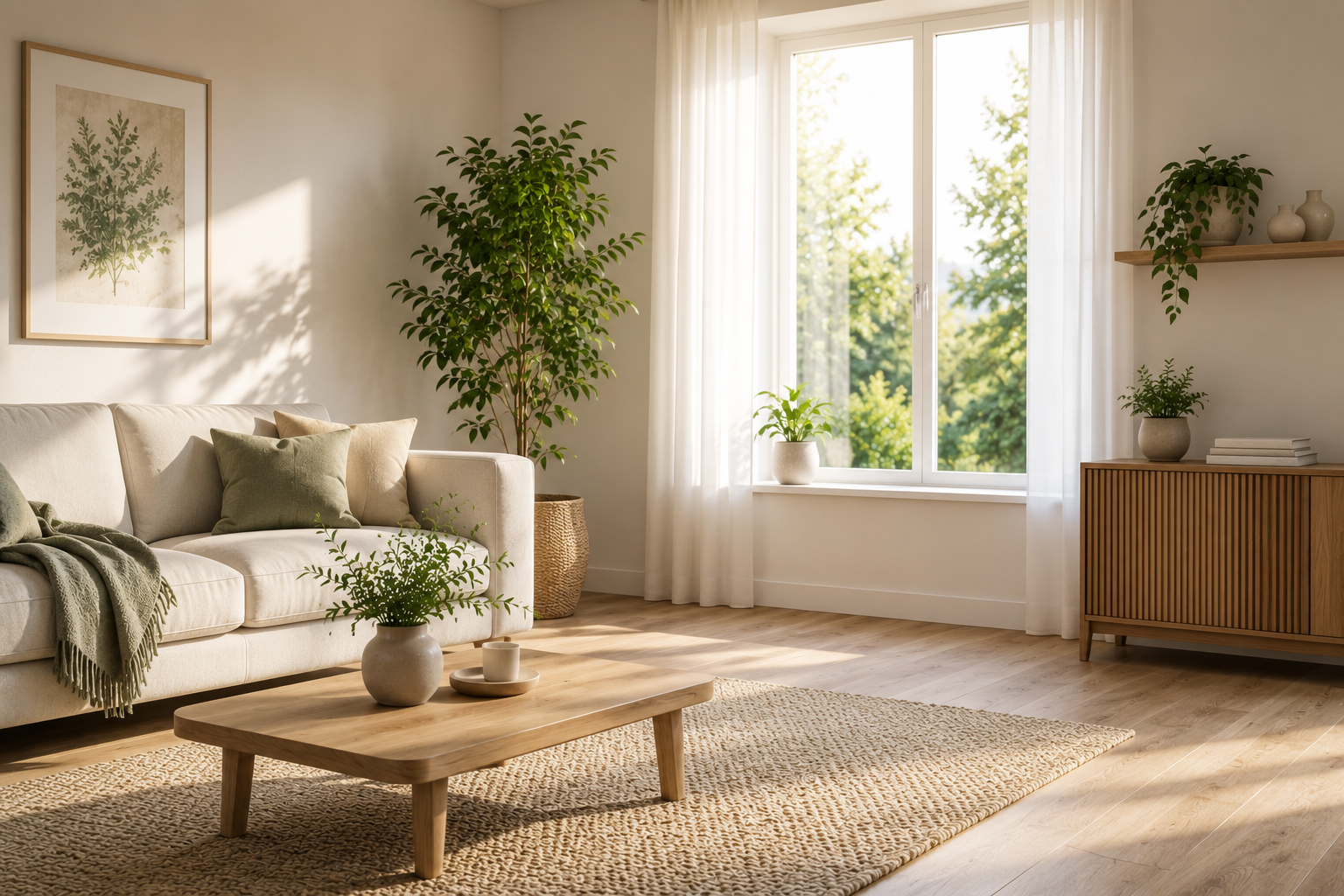 Heller Wohnraum mit großem Fenster und angenehmem Raumklima als Symbol für den Einsatz eines Luftentfeuchters