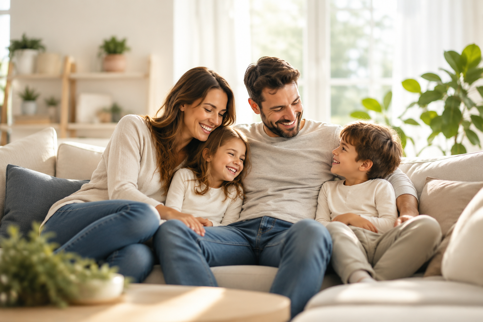 Zufriedene Familie genießt ein gesundes Raumklima in einem hellen und trockenen Wohnraum.