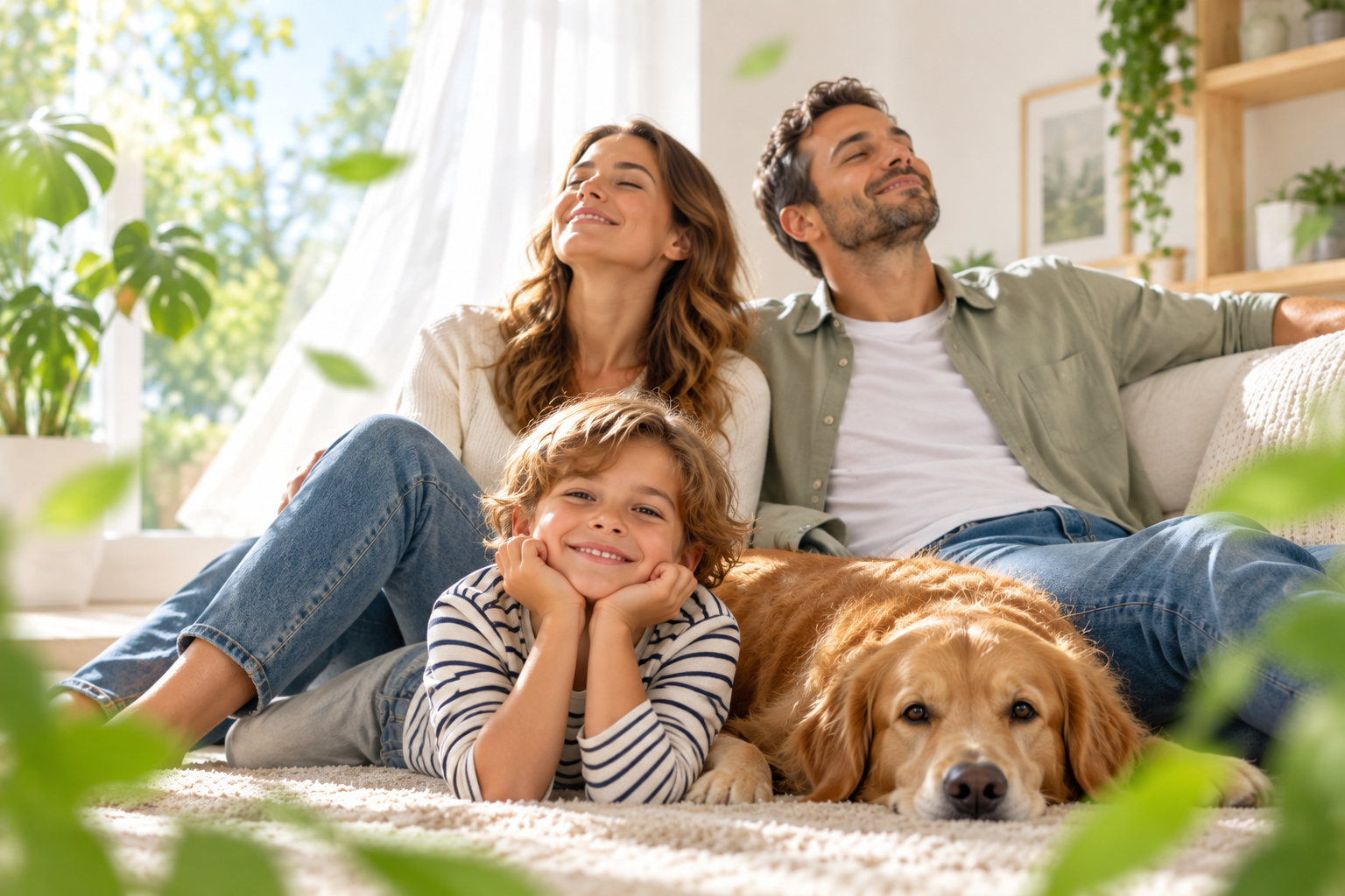 Zufriedene Familie mit Hund in einem hellen Wohnraum mit angenehmer Raumluft