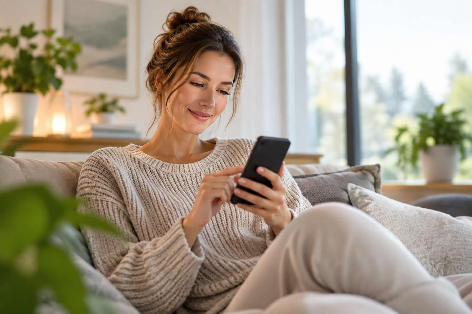 Zufriedene Person steuert das Raumklima bequem per Smartphone